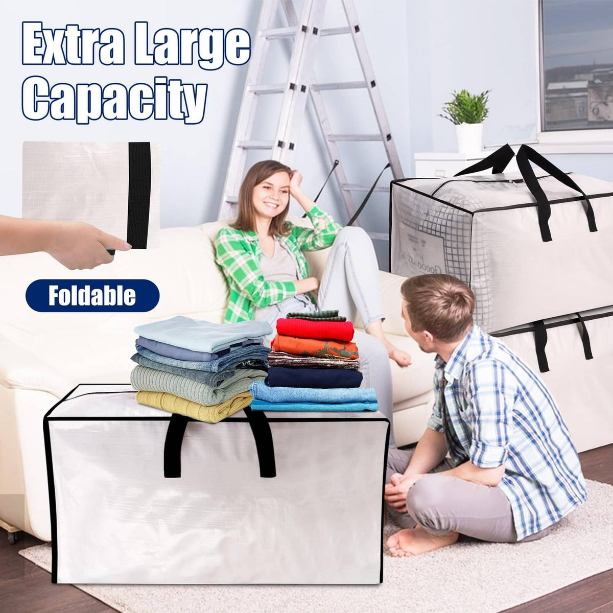 Extra-large semi-transparent moving storage bag with black handles, fold-flat design