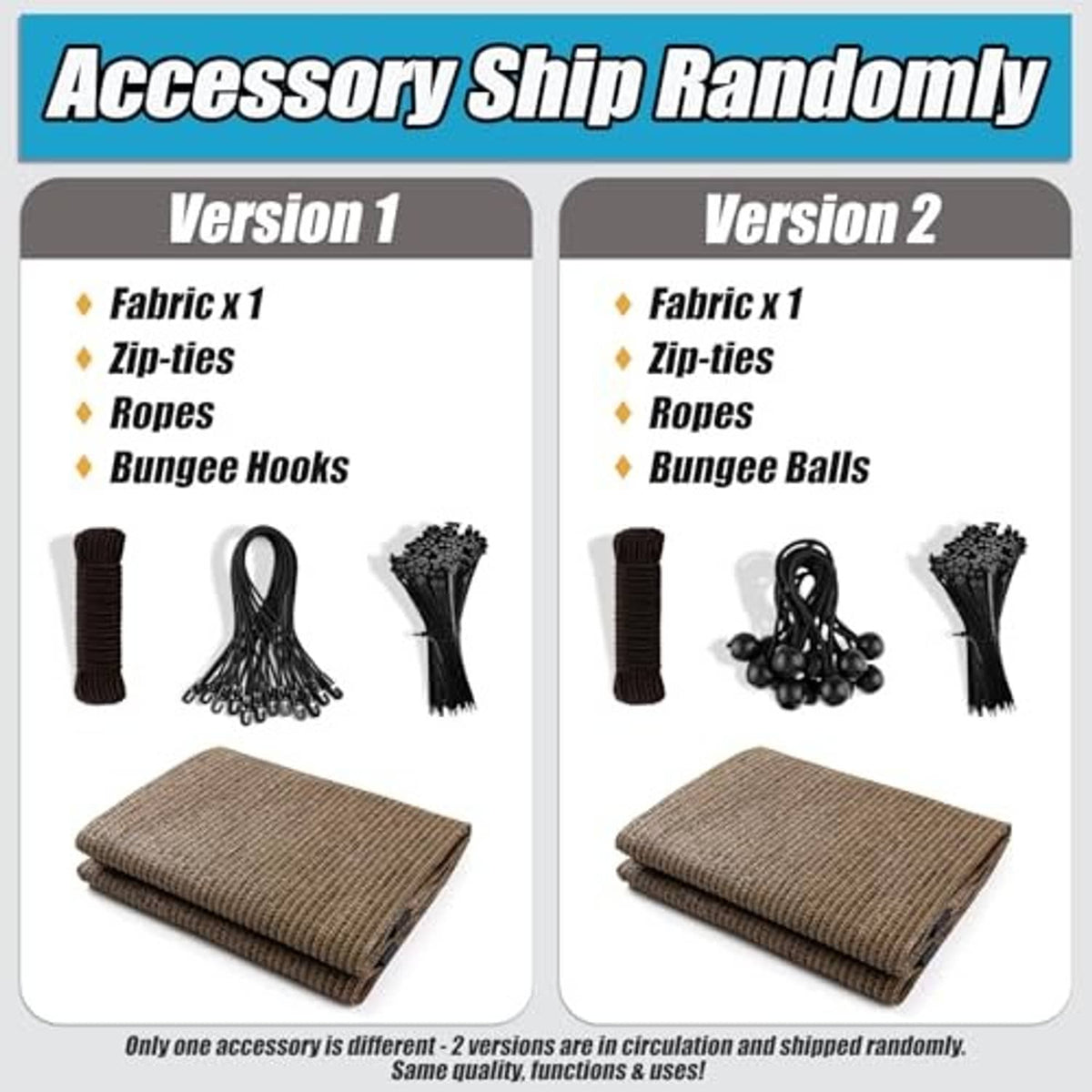 Pergola shade cloth accessory set: bungee hooks, ropes, zip-ties, plus folded fabric