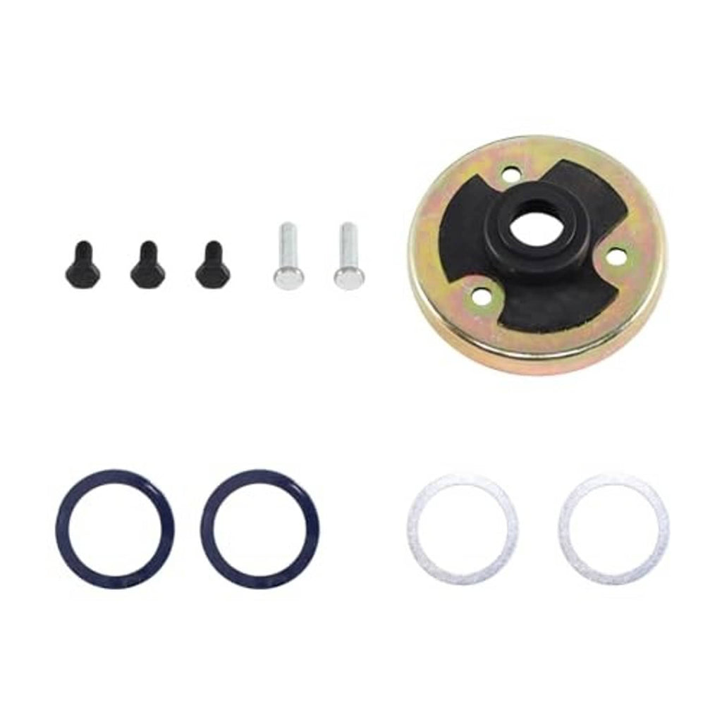 Manual shift re-build kit parts: steel plate with black bushing, blue rings, seals, and screws