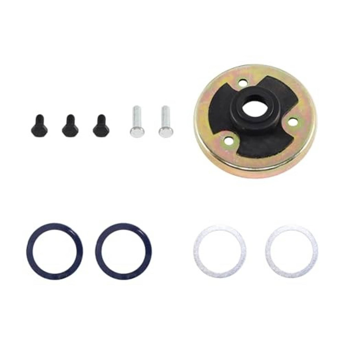 Manual shift re-build kit parts: steel plate with black bushing, blue rings, seals, and screws