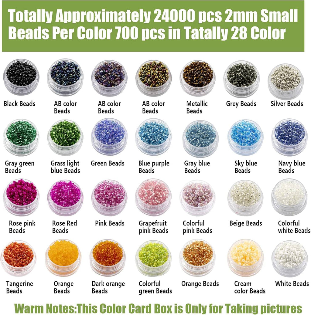 Assorted 2mm seed bead colors in small jars, including black, blue, pink, gold