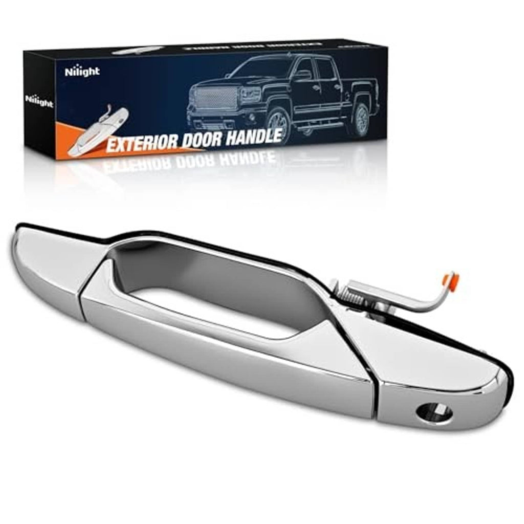 Silver exterior car door handle with chrome finish and keyhole opening