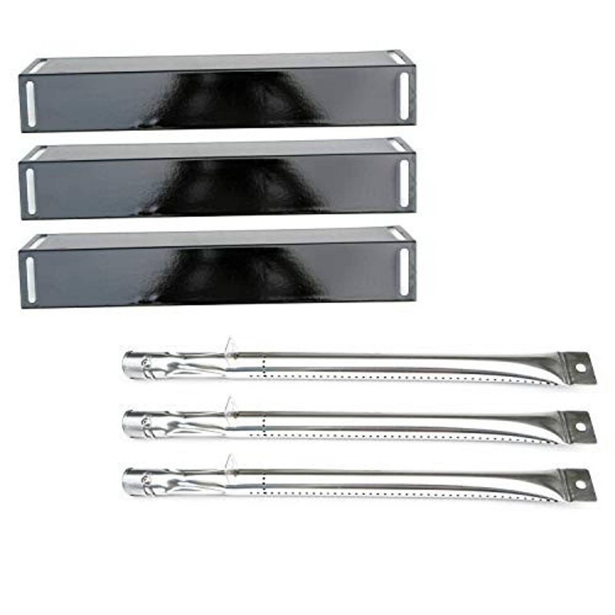 Three stainless burner tubes and three dark heat plates, replacement grill parts
