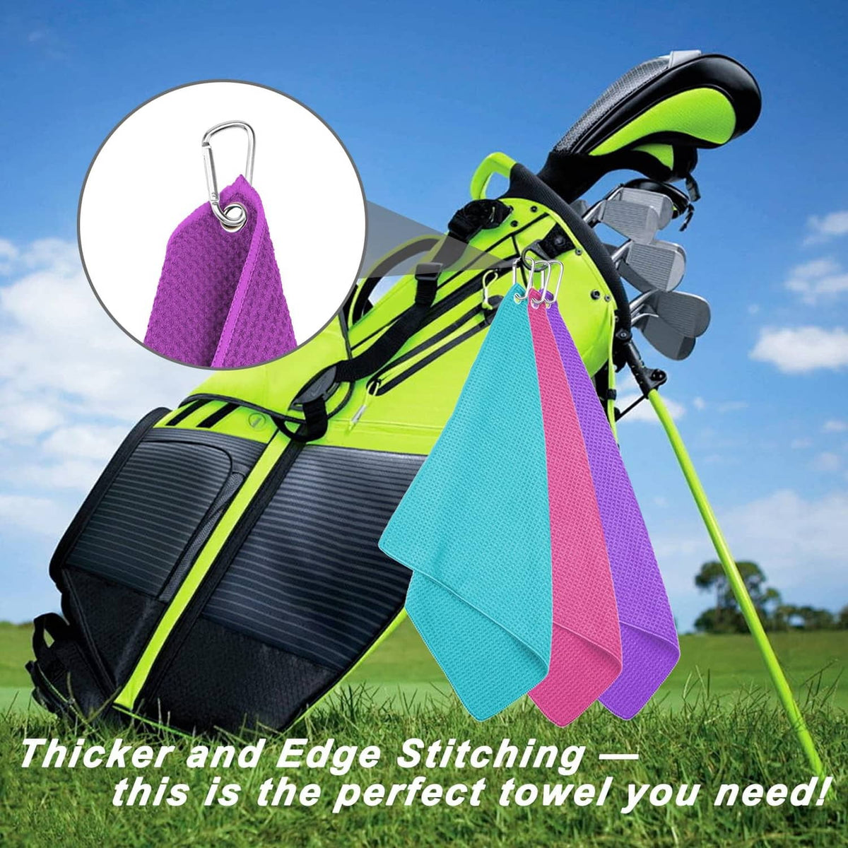 Set of microfiber golf towels with metal clips, draped over a golf bag