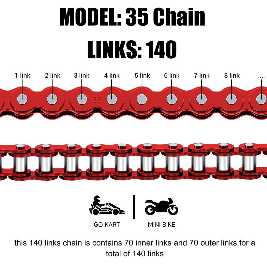 35 roller chain diagram with 140 links, red plates and silver pin rollers.