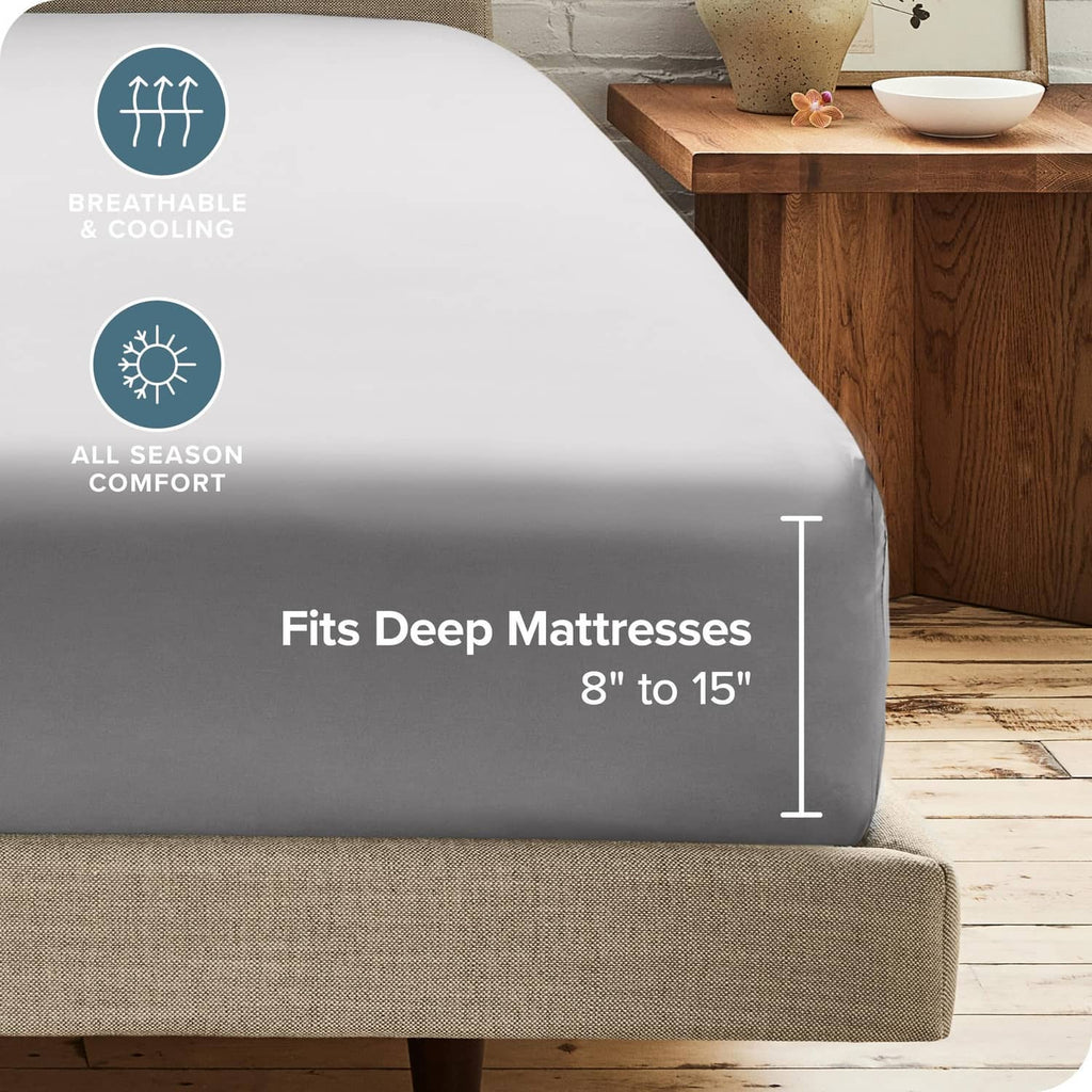 Light grey full fitted sheet covering a deep mattress edge, all-season comfort