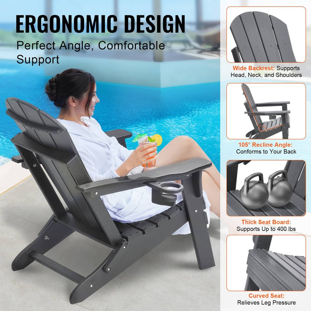 Gray ergonomic folding Adirondack lounge chair with curved seat and slatted back