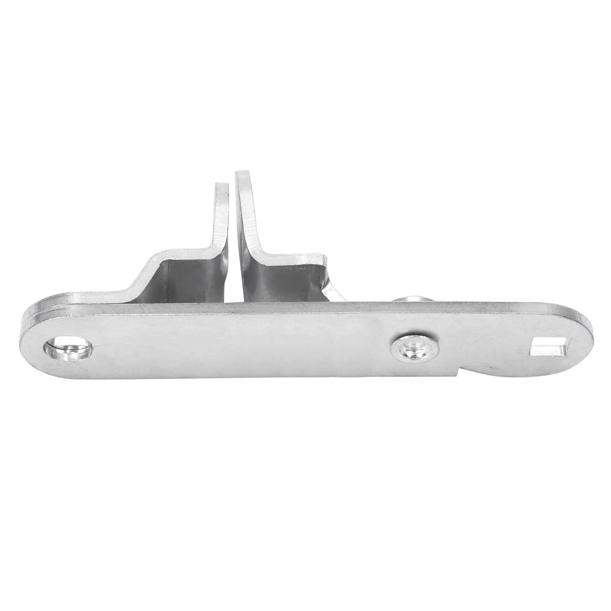 Steel cam latch hasp side view with two screw holes and rectangular cutout, silver