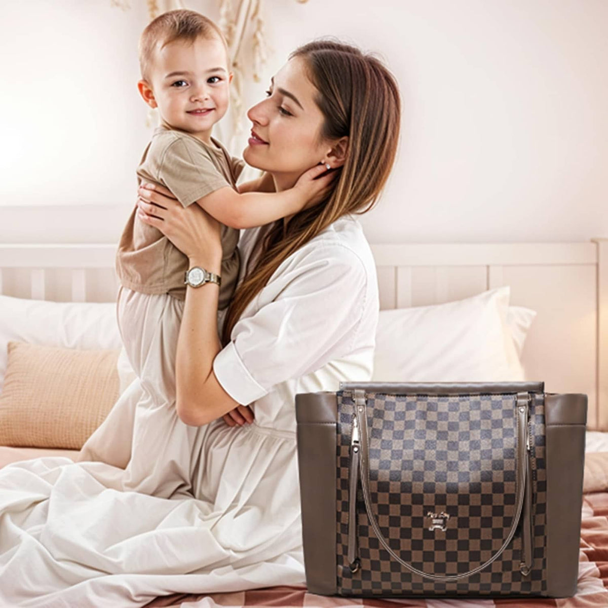 Brown checkered diaper bag tote resting beside a parent with front curved pocket flap