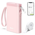 Pink handheld label maker printer with tape roll and companion phone