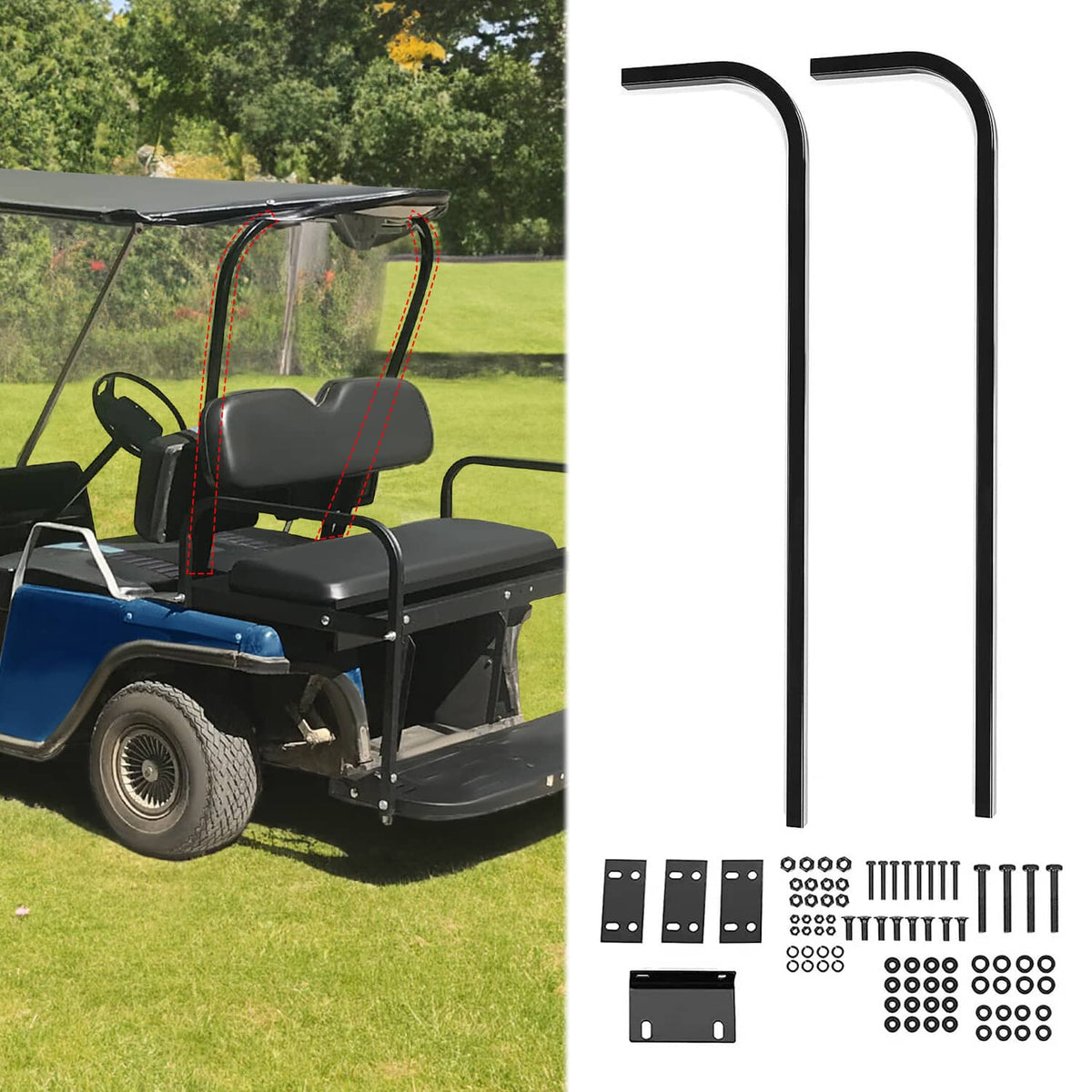 Two black roof mounting support struts and included mounting hardware