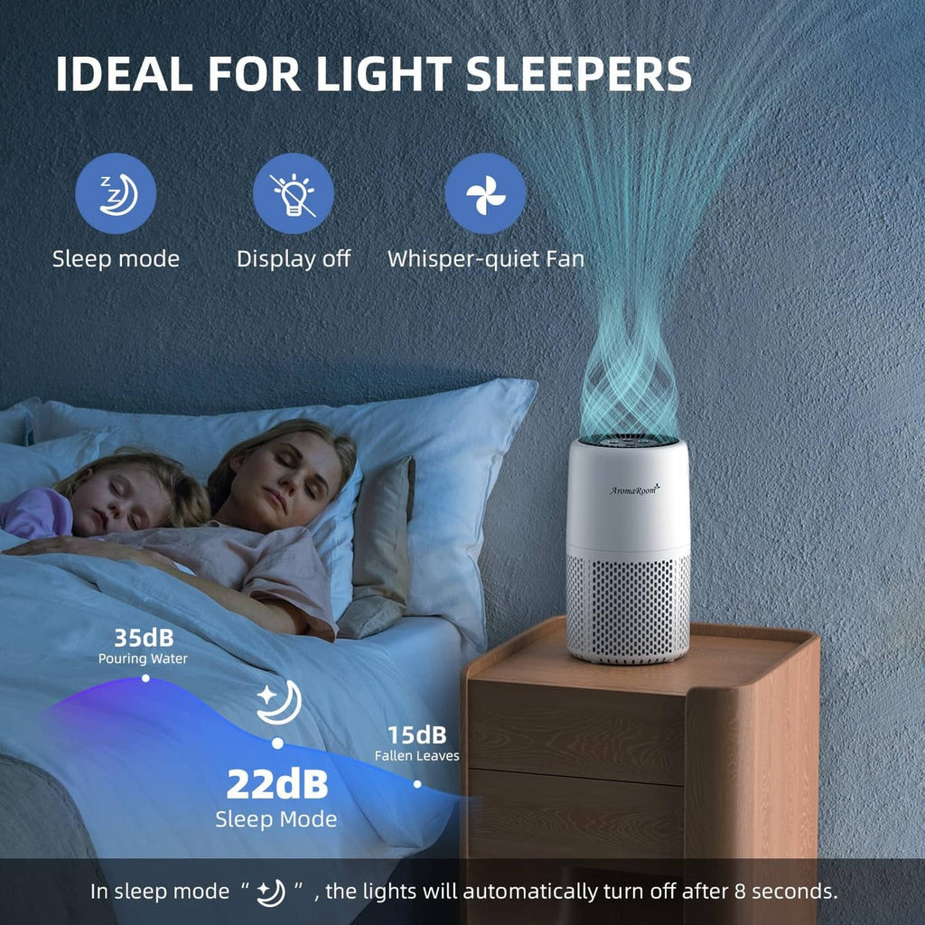 White cylindrical air purifier with blue top grille and soft mist diffuser