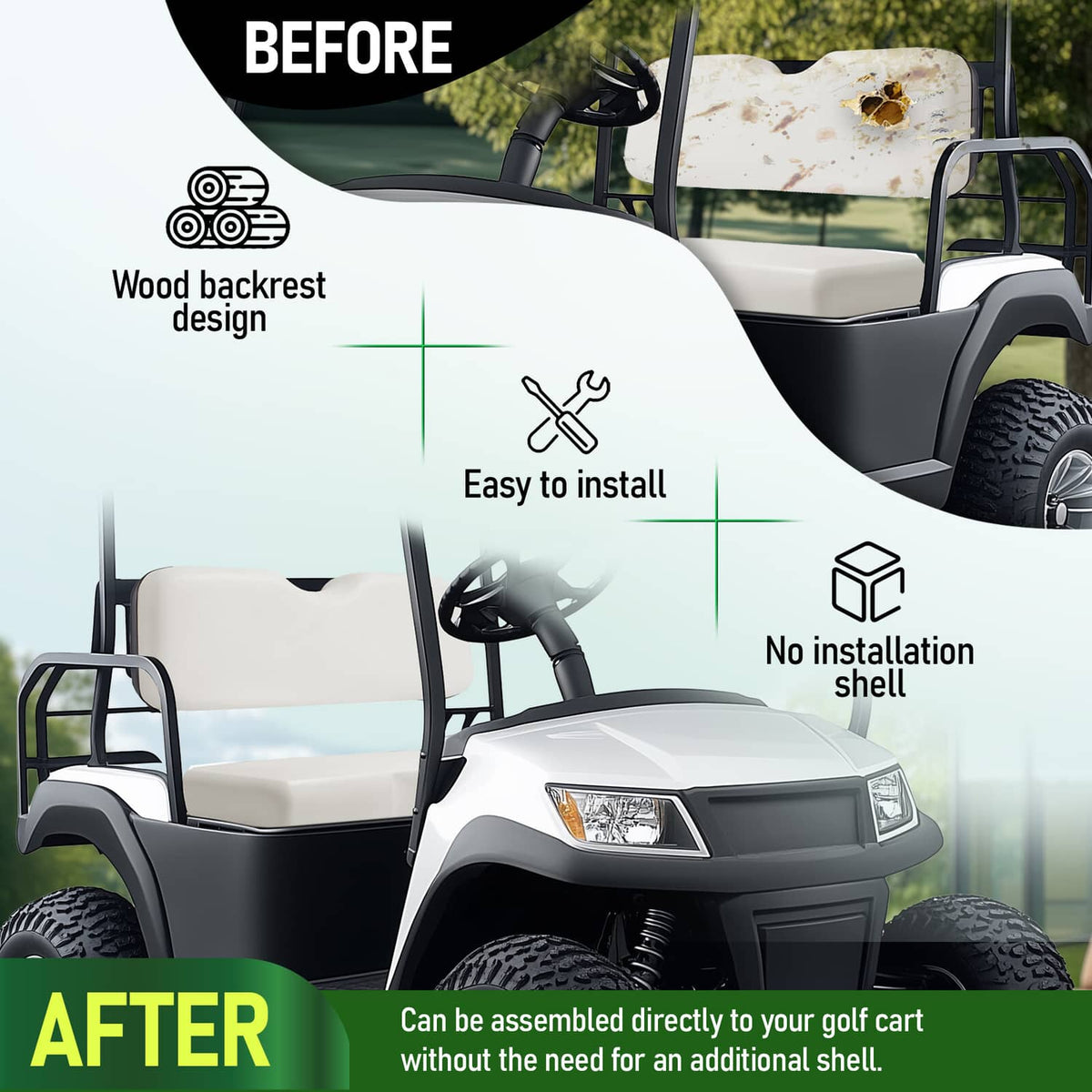 White front seat bottom cushion on a golf cart with steering wheel visible behind