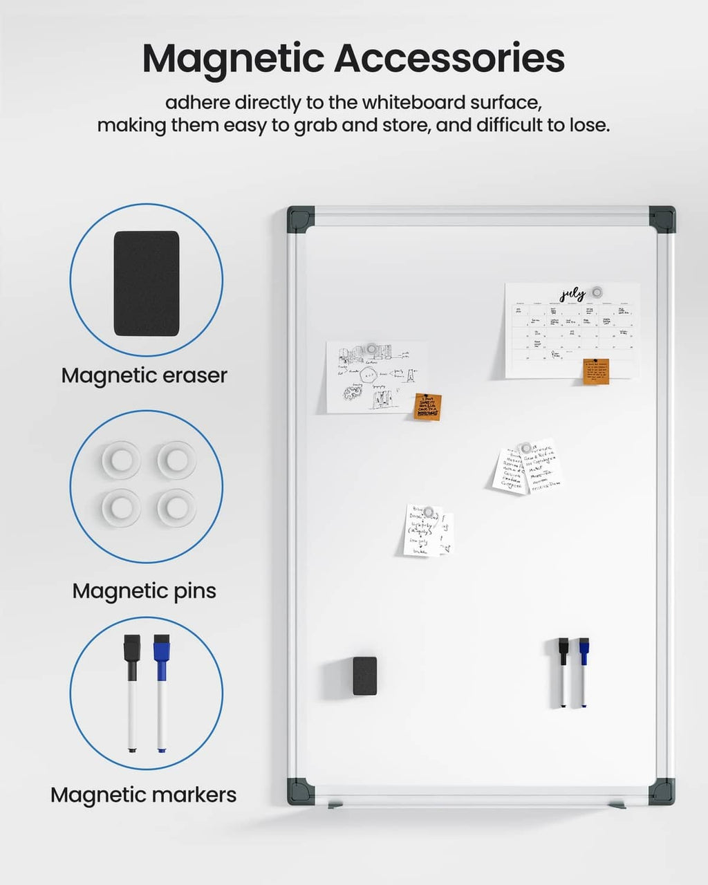 Magnetic whiteboard accessories shown: eraser, magnetic pins, and markers