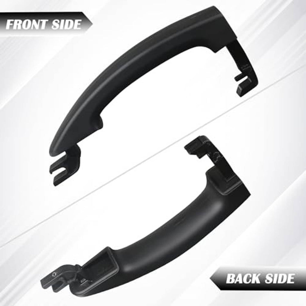 Front and back sides of black exterior door handle with clips and braces