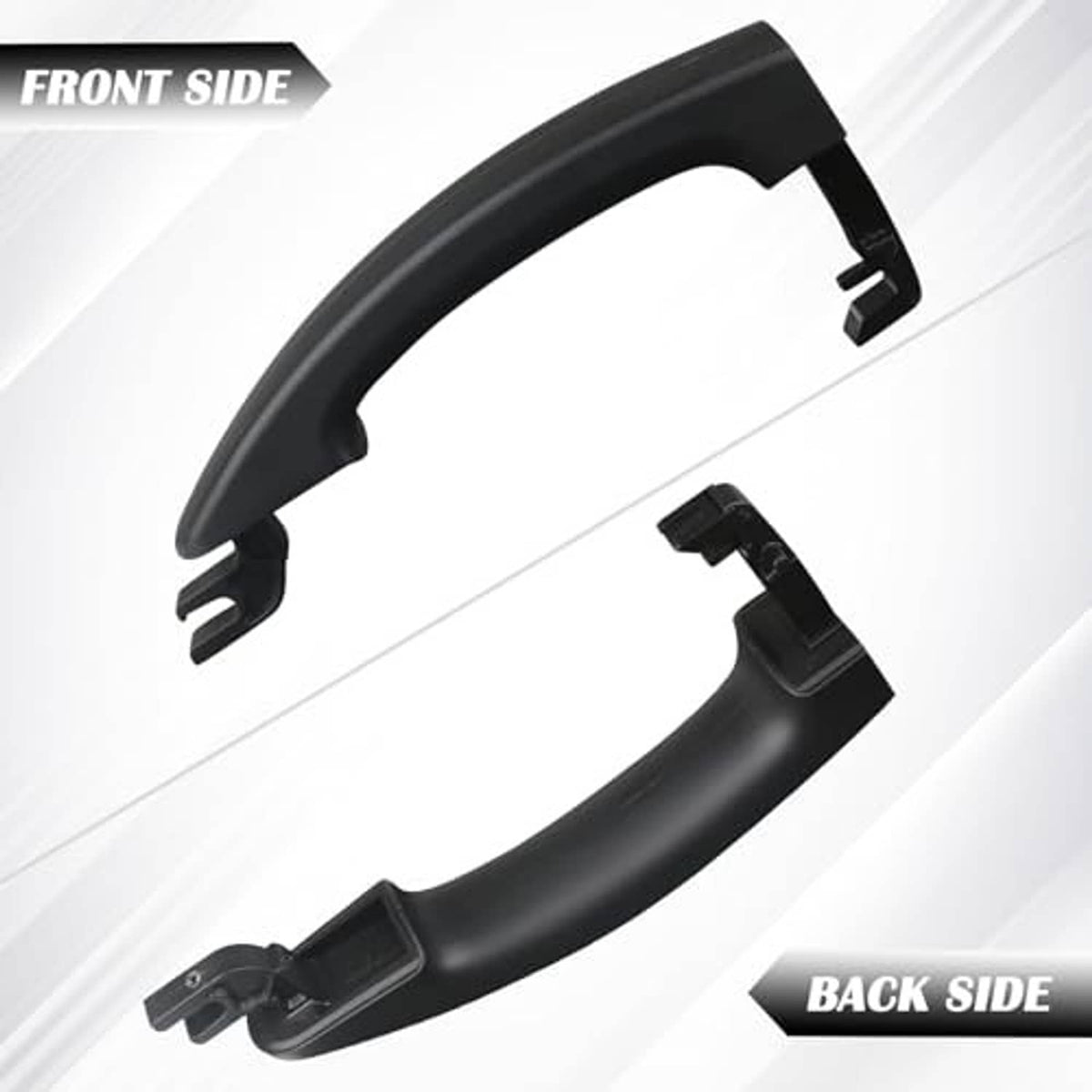 Front and back sides of black exterior door handle with clips and braces