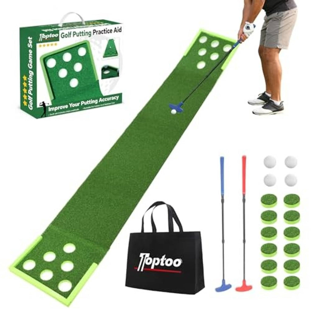Green golf putting mat with ball-hole target grid and included practice accessories
