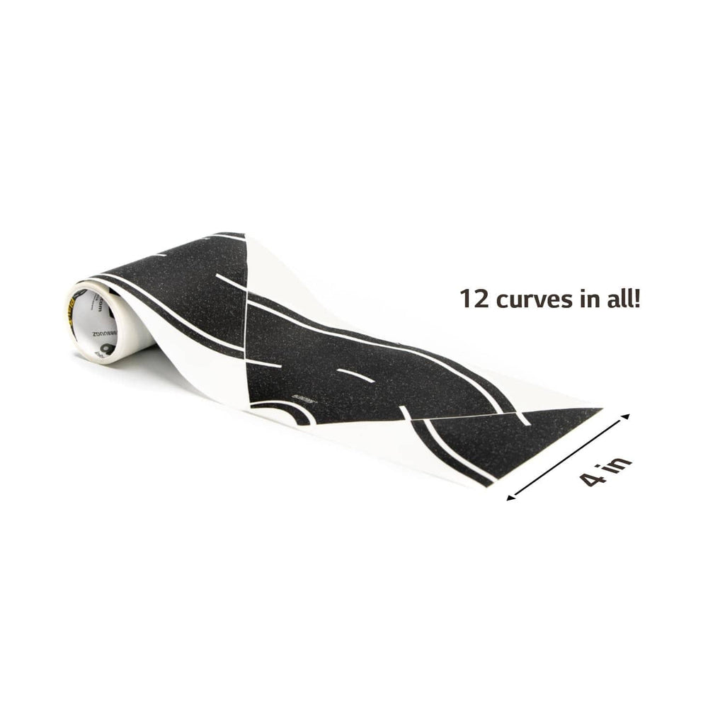 Asphalt-style toy road tape roll with black surface and white lane markings, curved road segment