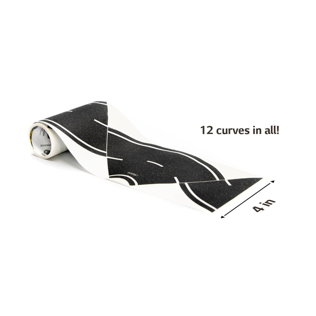 Asphalt-style toy road tape roll with black surface and white lane markings, curved road segment