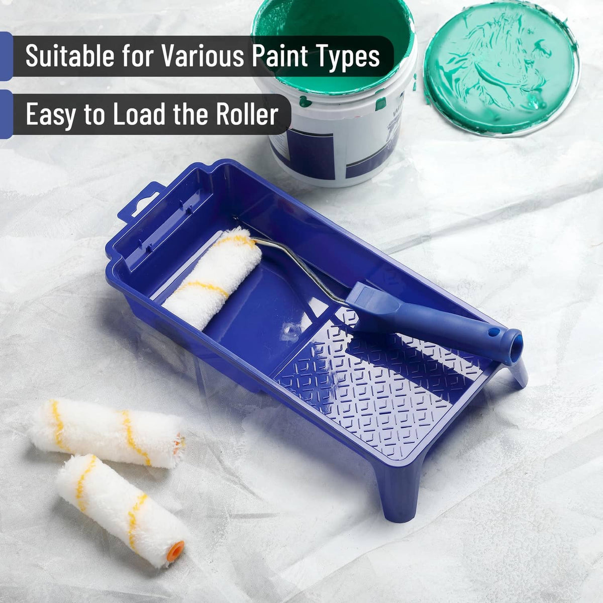 Blue roller tray with roller frame and two white roller covers