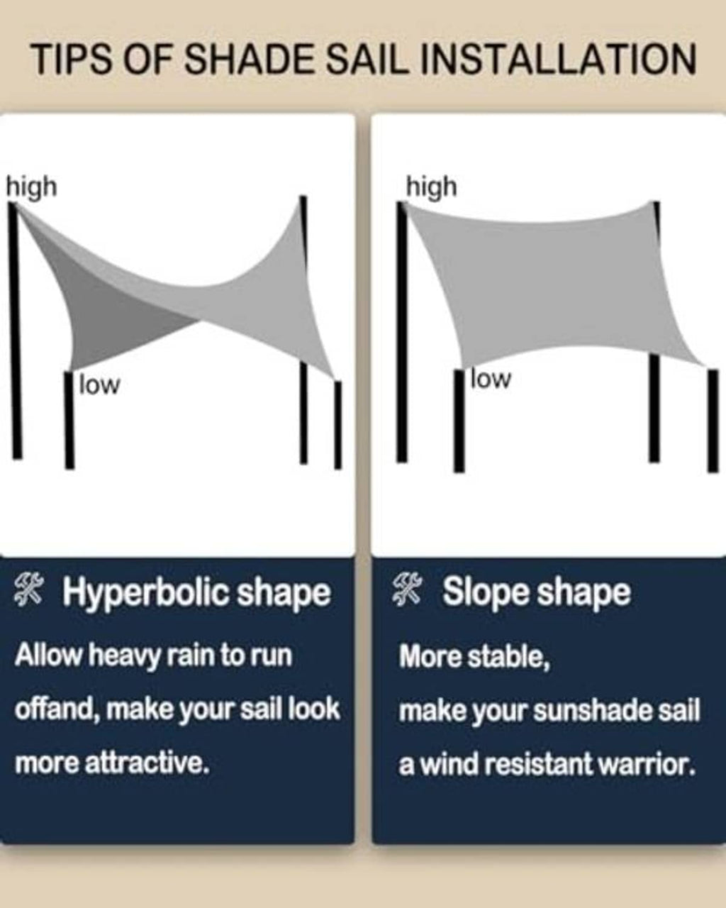 Gray shade sail installation illustration with hyperbolic and slope shapes