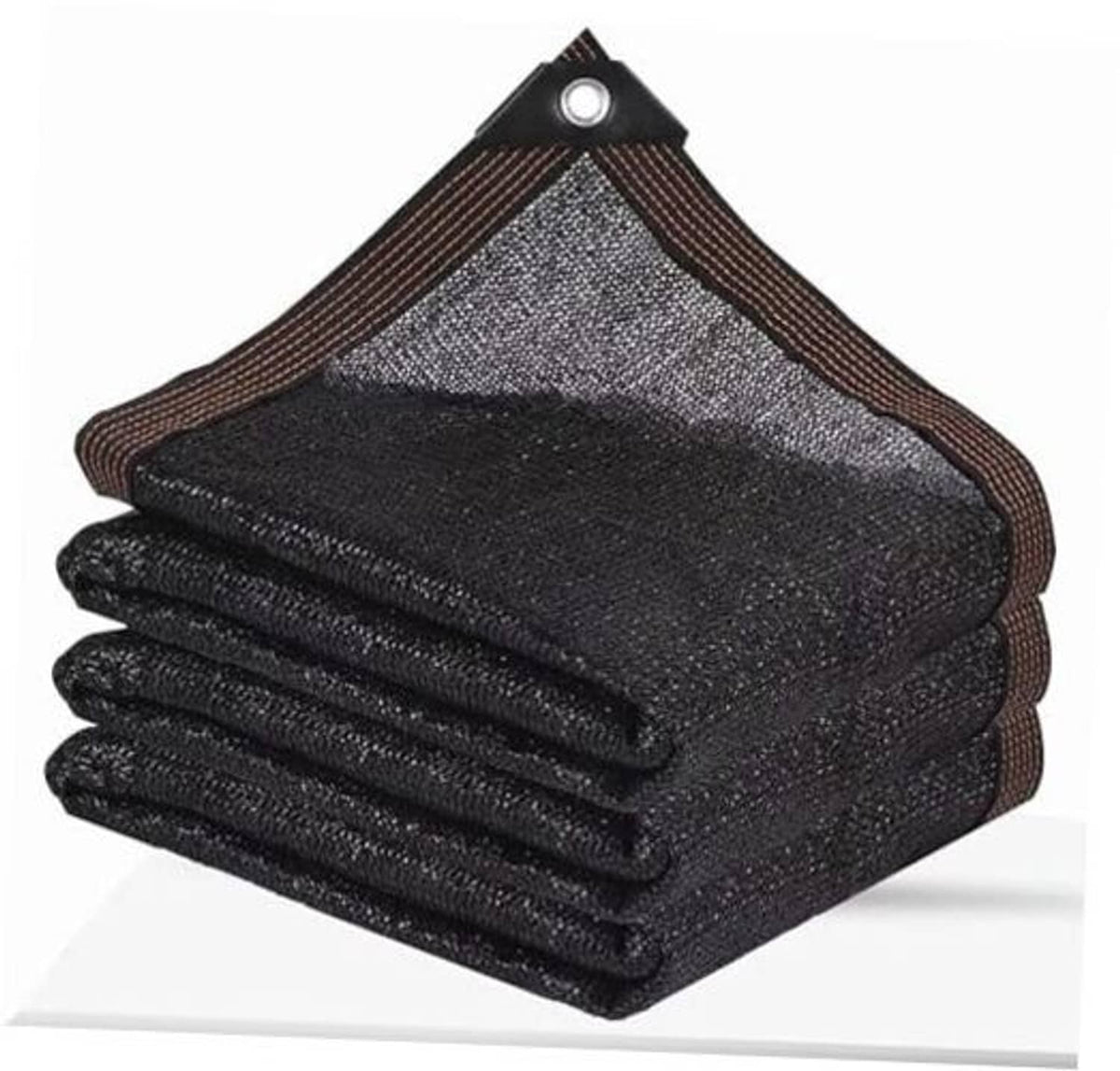 Stacked black shade netting panels with brown binding and top grommet corner tabs