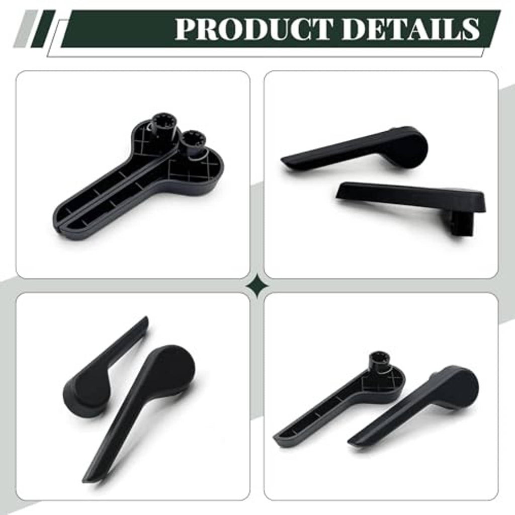 Black seat recliner lever set with mounting clips, shown from multiple angles