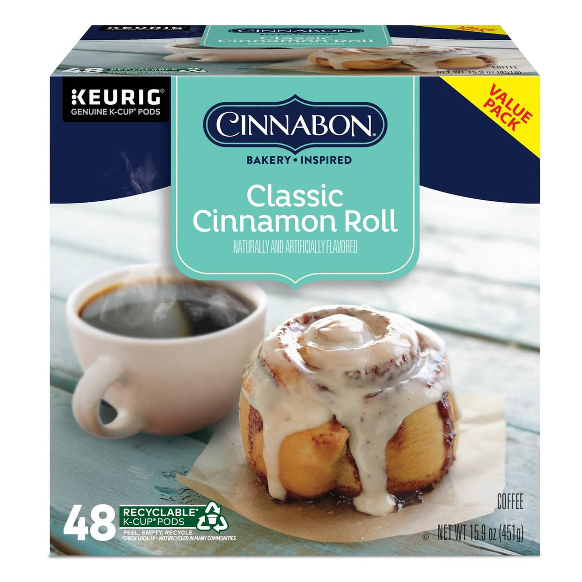 Front view of Cinnabon Classic Cinnamon Roll K-Cup pods box, 48 count
