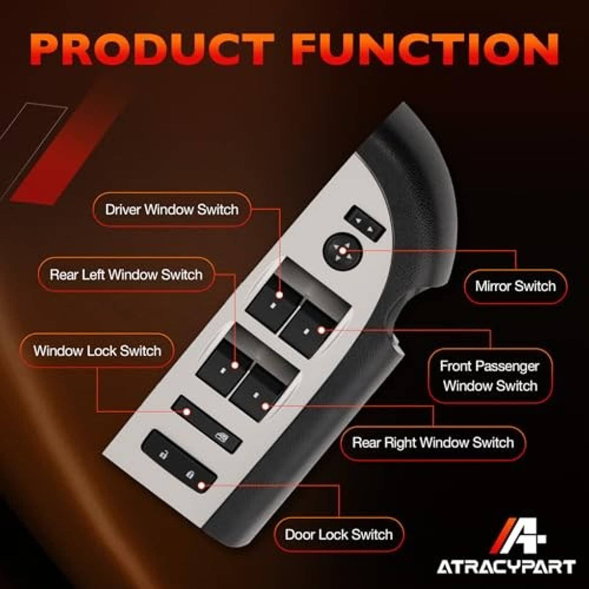 Black window switch front panel with labeled control areas for windows and mirror
