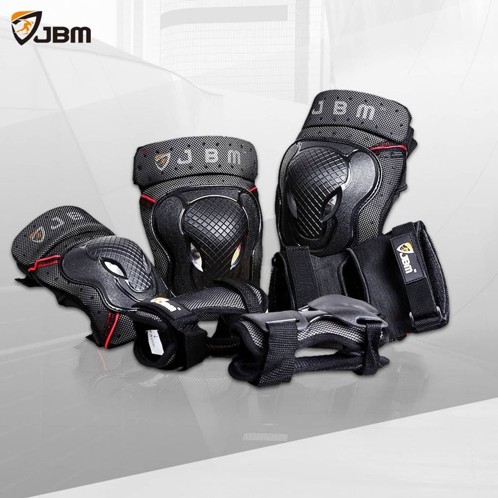 Set of black bike knee pads, elbow pads, and wrist guards with red accent trim.