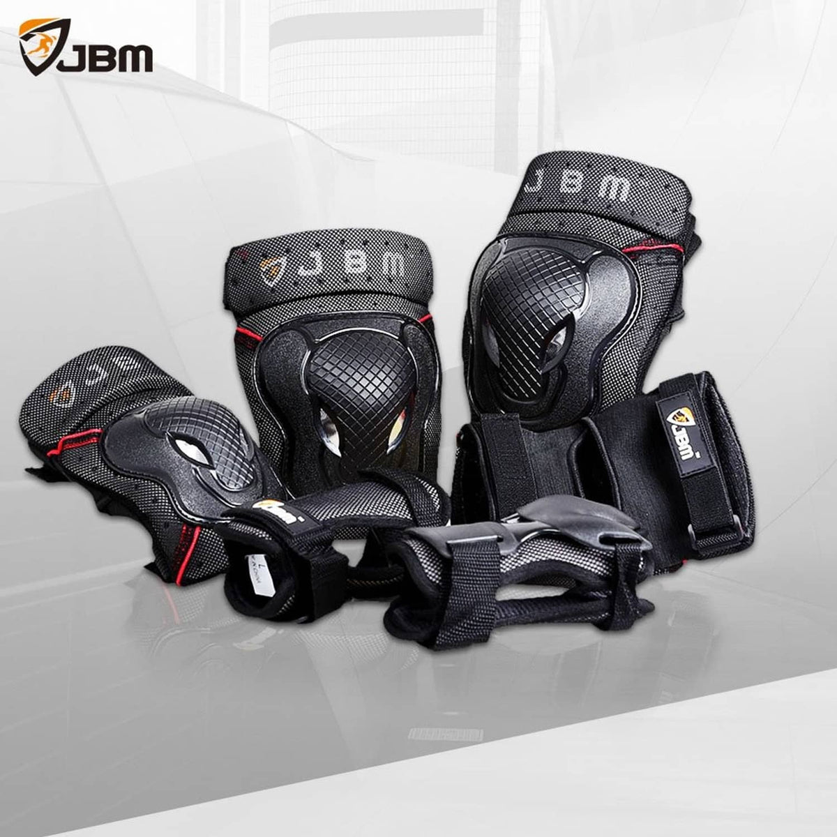 Set of black bike knee pads, elbow pads, and wrist guards with red accent trim.