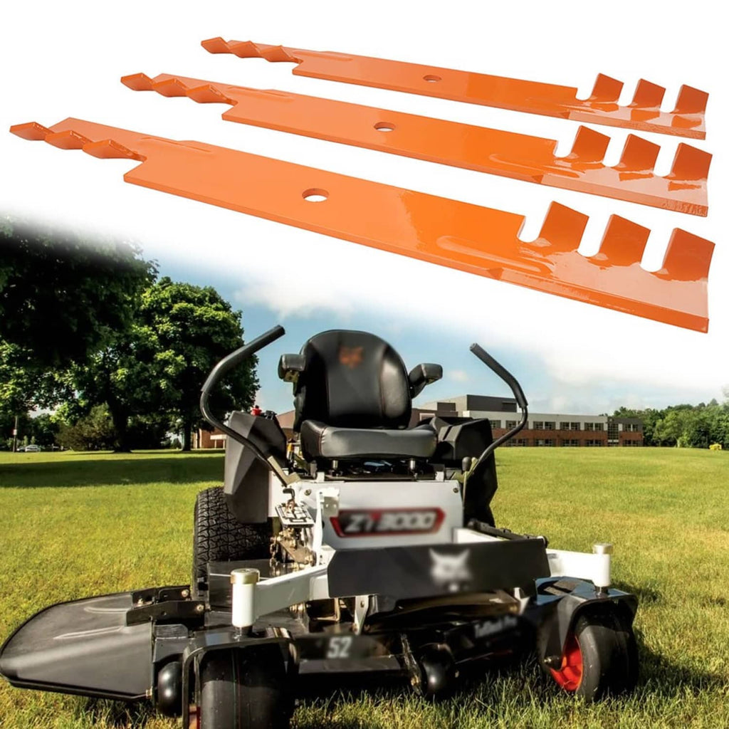 3-pack orange mower deck mulch blades with notched cutting edges and mounting holes