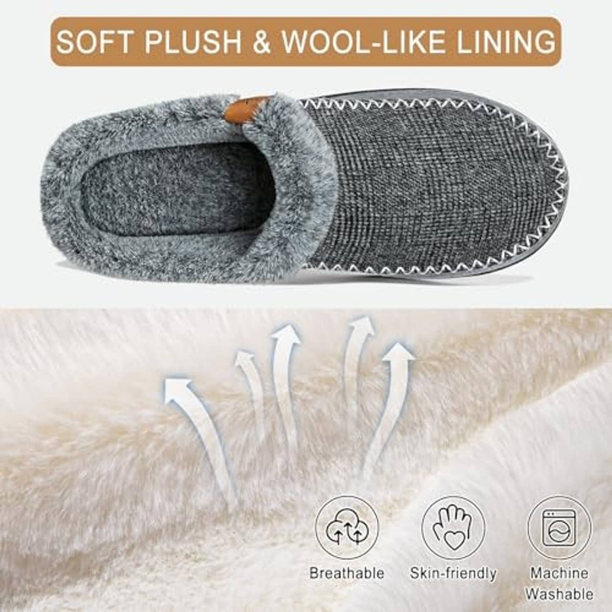 Grey slip-on moccasin slipper with plush interior lining and stitched side trim