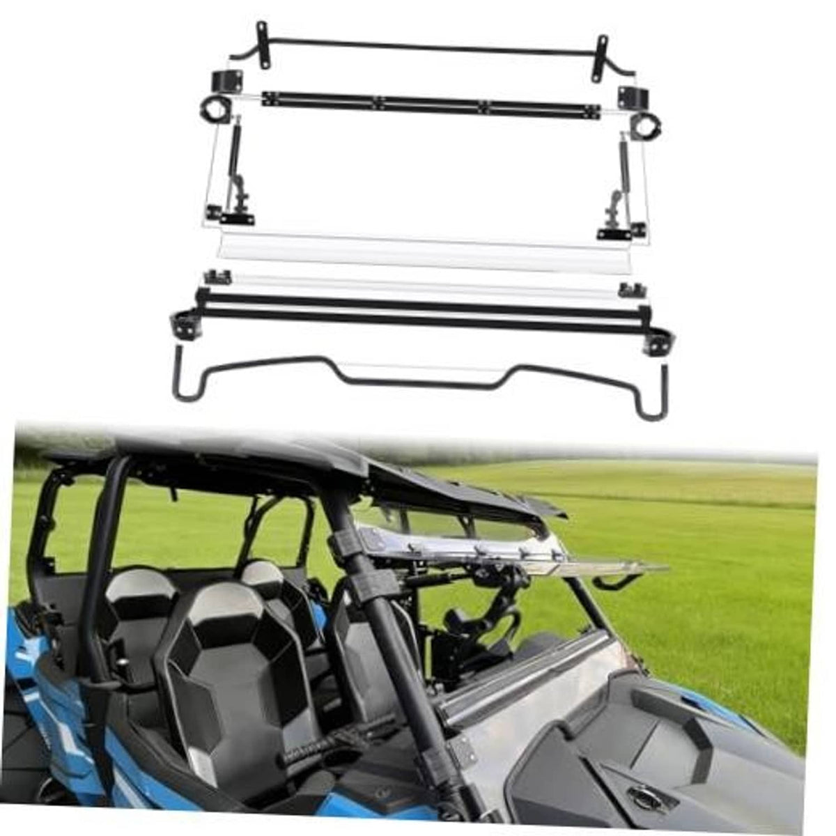 3-in-1 front flip windshield kit with clear panel and mounting bracket frame