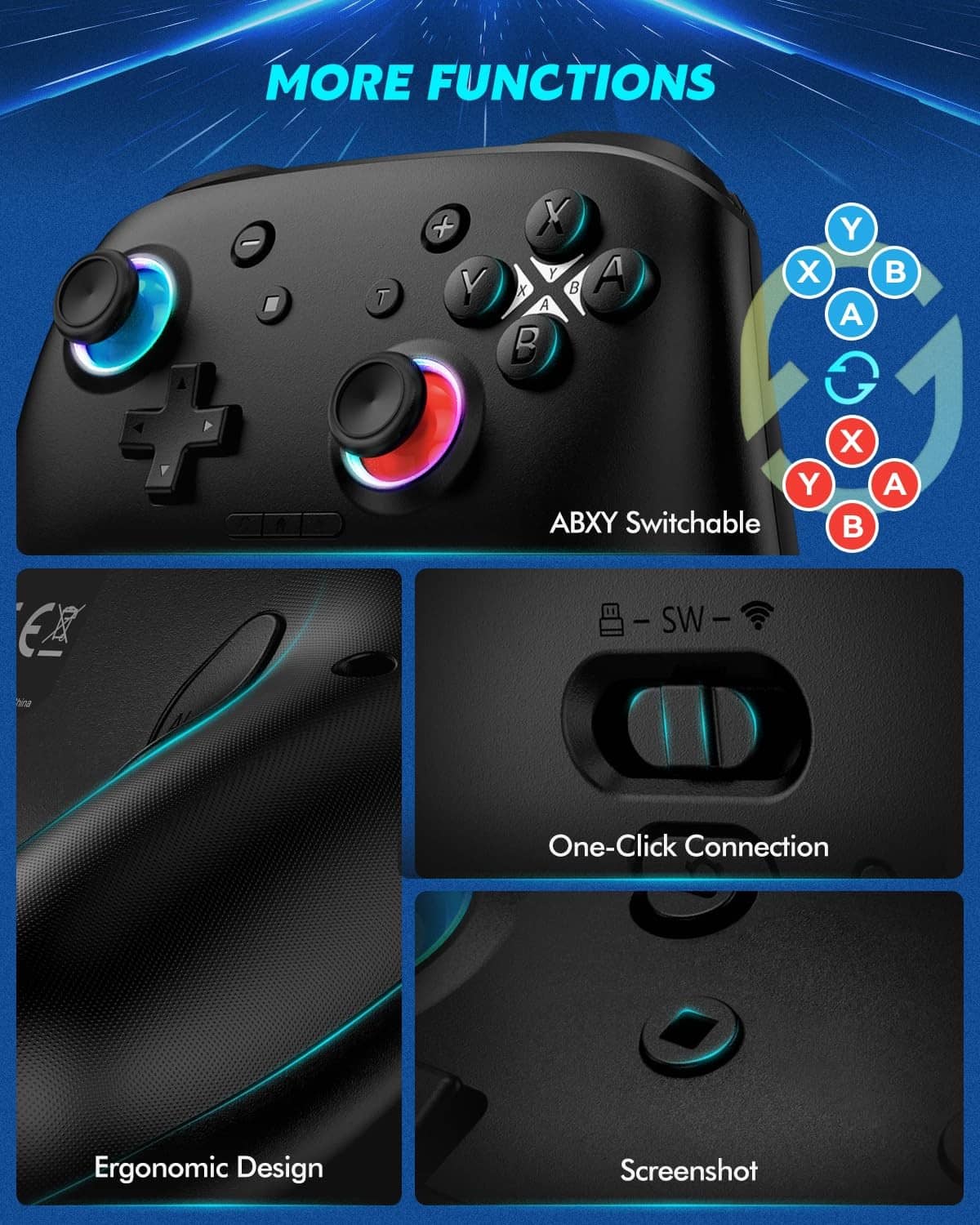 Black ergonomic game controller with ABXY face buttons, thumbsticks, and side LEDs