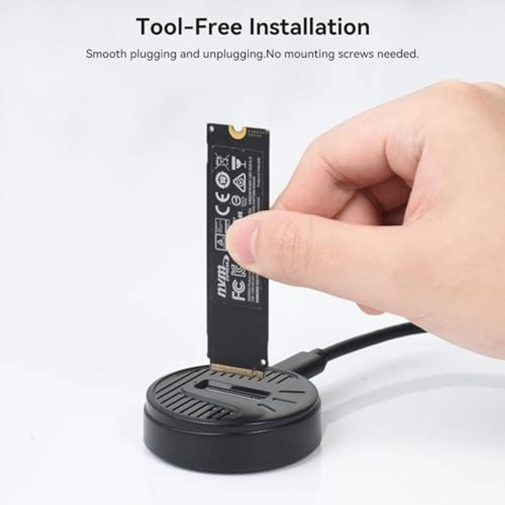 M.2 NVMe to USB adapter with hand inserting the PCIe card