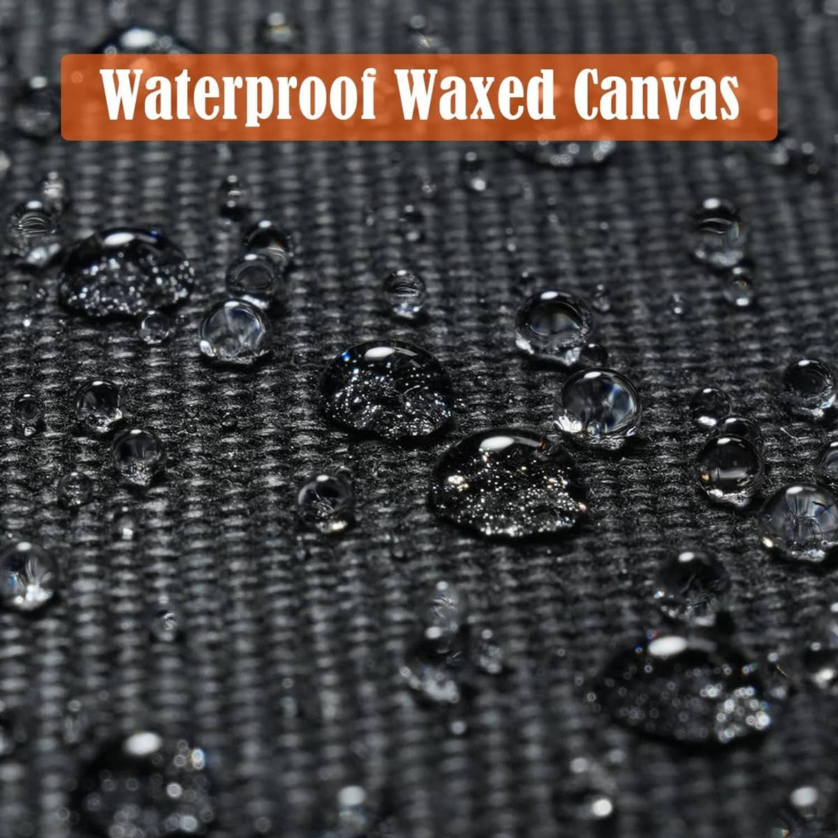 Waterproof waxed canvas texture with water droplets beading on dark fabric