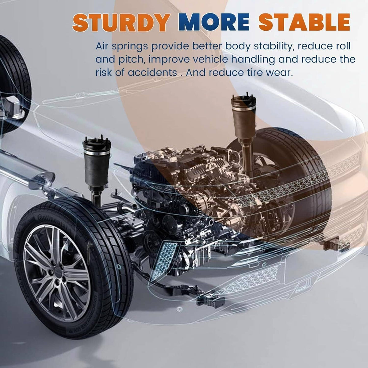 Air suspension system concept graphic showing strut supporting vehicle and wheel area