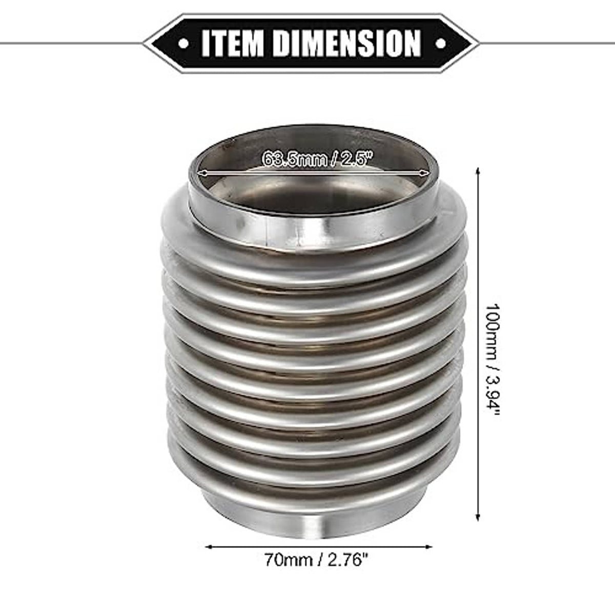 Ribbed stainless exhaust flex connector with measurements: 63.5x100 mm