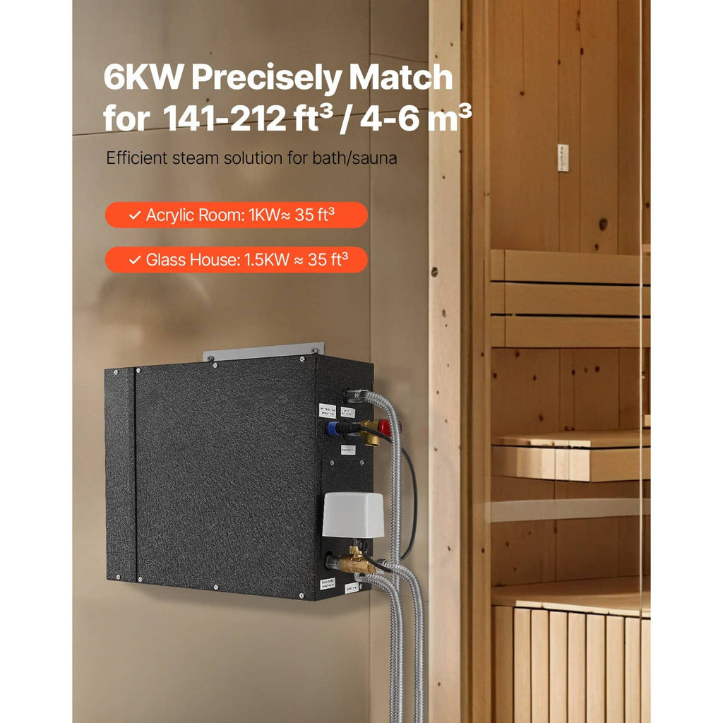 Black steam generator installed in a wooden sauna wall with controller and wiring ports