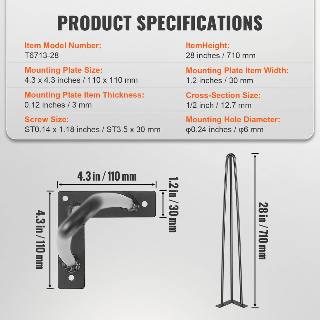 Black steel table legs with L-shaped mounting plates and dimensioned layout