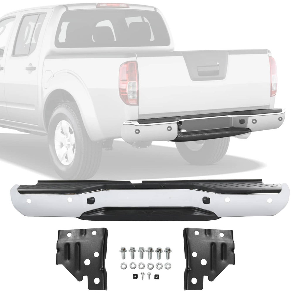 Chrome rear step bumper assembly with mounting brackets and hardware, sensor-hole design
