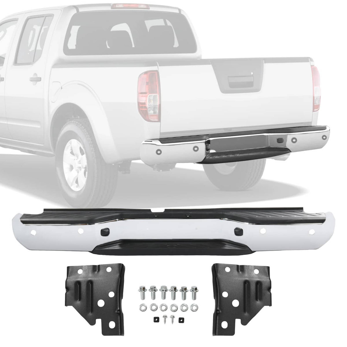 Chrome rear step bumper assembly with mounting brackets and hardware, sensor-hole design