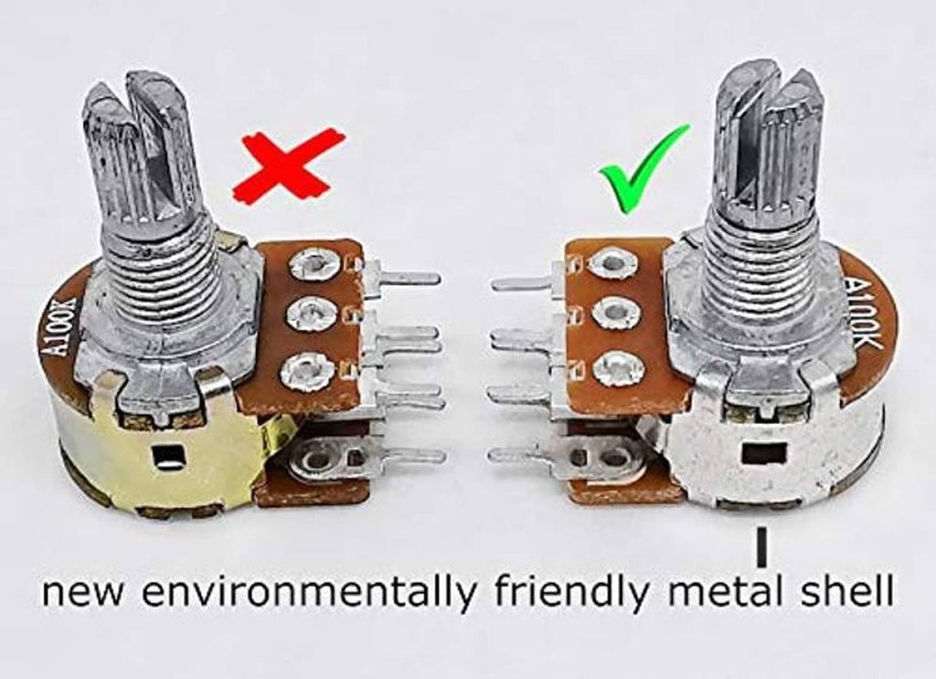 Dual gang potentiometer showing metal shell design with threaded adjustment shafts
