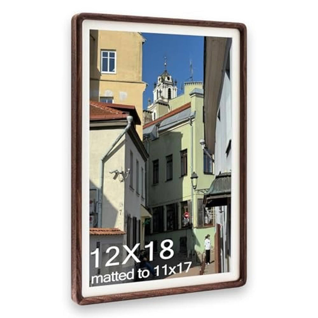 Walnut poster frame with white mat, labeled for 12x18 matted to 11x17