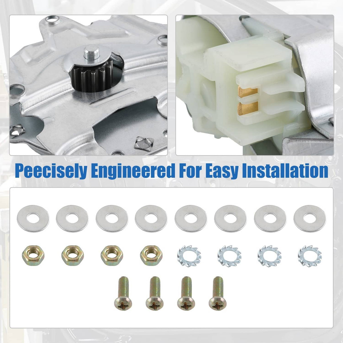 Door power window lift motor close-up: black gear and white electrical connector plug