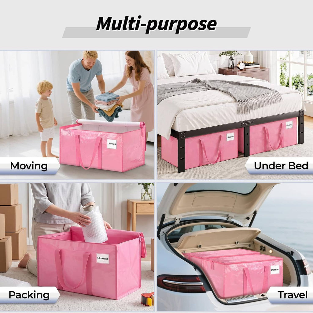 Pink multi-purpose storage bin with handles for moving, packing, and under-bed use