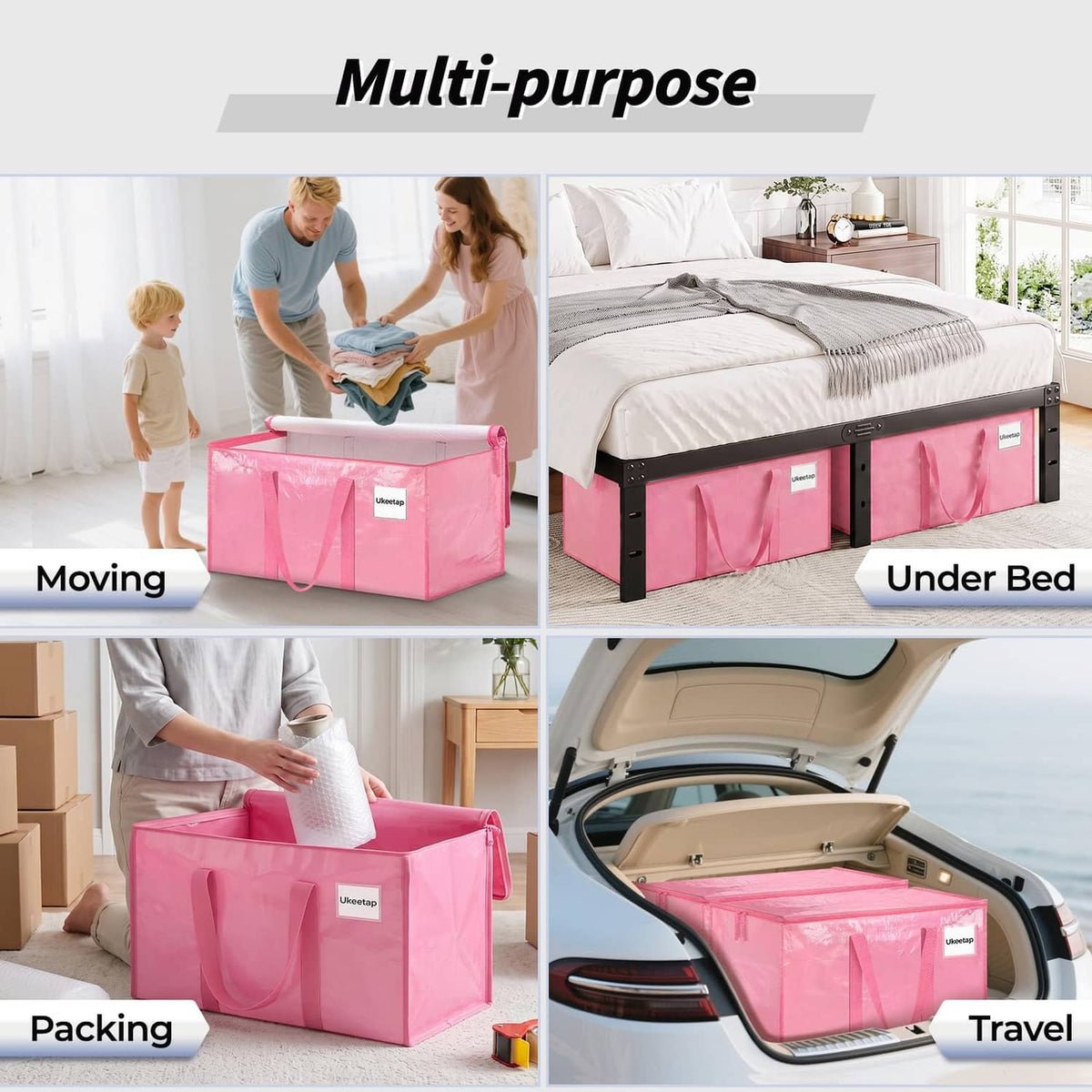 Pink multi-purpose storage bin with handles for moving, packing, and under-bed use