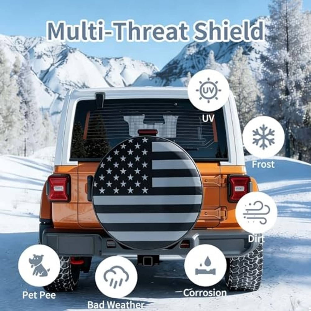 Spare tire cover with American flag stars and stripes; shown in snowy outdoor conditions.