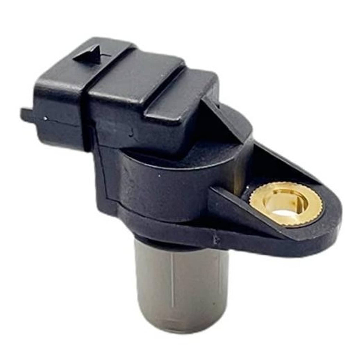Black camshaft position sensor with gray connector and gold electrical terminal